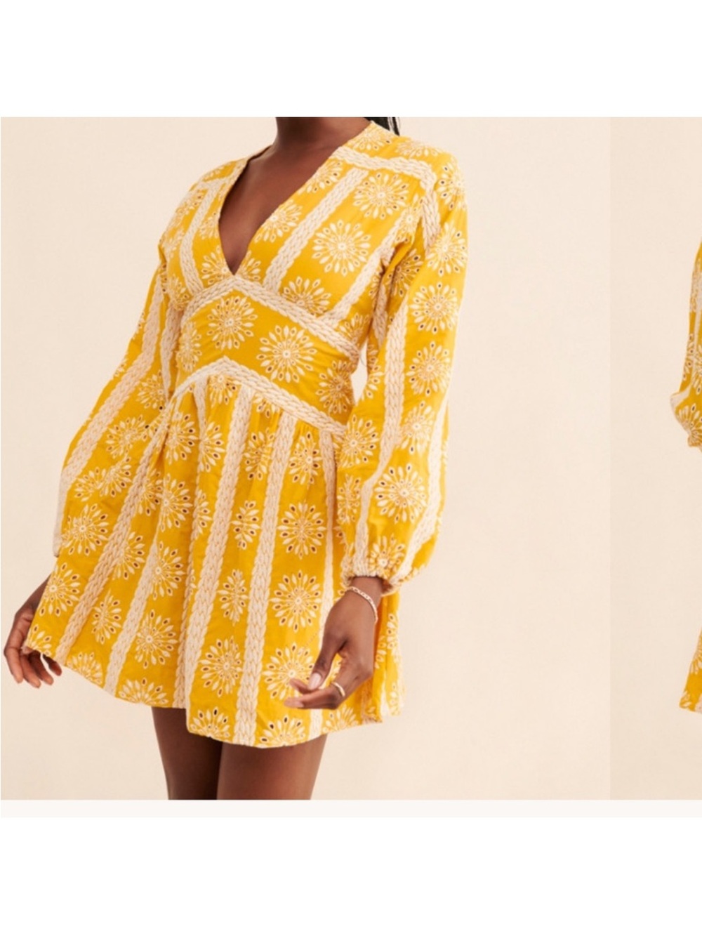 Free People X Harni Alexia Mustard Yellow Eyelet Fit-and-Flare Dress-Gorgeous